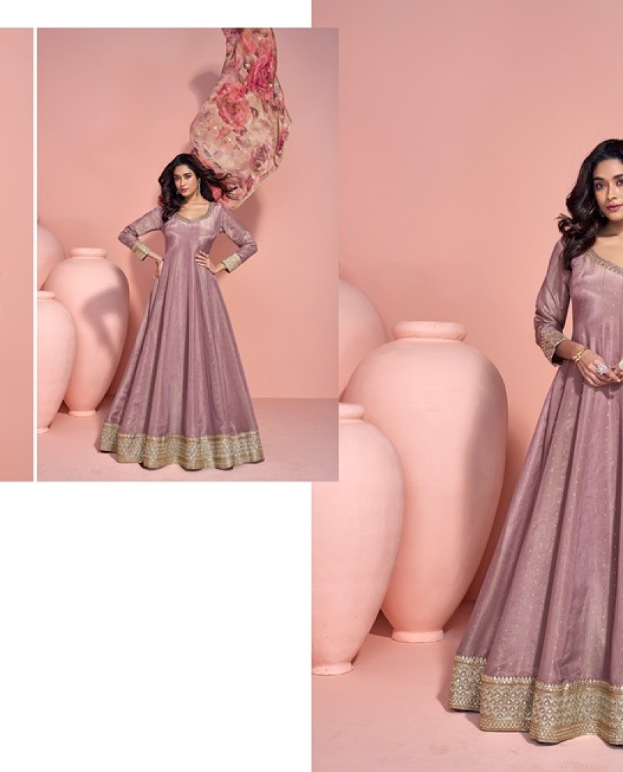 2025 - DULL MAUVE DESIGNER EMBROIDERED PURE JACQUARD SILK ANARKALI SUIT